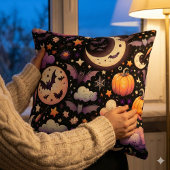 Whimsical Halloween Night Sky Pattern クッション