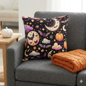 Whimsical Halloween Night Sky Pattern クッション