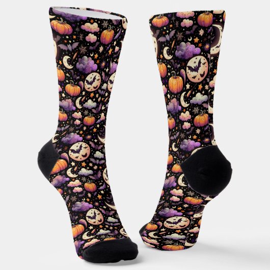 Whimsical Halloween Night Sky Pattern ソックス (傾斜あり)