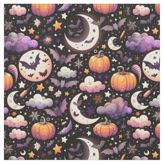 Whimsical Halloween Night Sky Pattern ファブリック (クローズアップ)