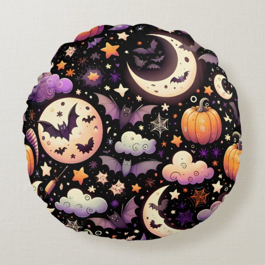 Whimsical Halloween Night Sky Pattern ラウンドクッション (正面)