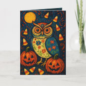 Whimsical Halloween Owl Folk Art Candy Corn Night カード (正面)