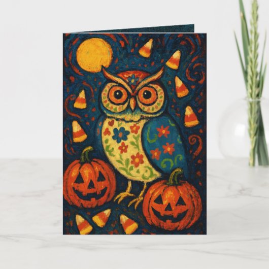 Whimsical Halloween Owl Folk Art Candy Corn Night カード (正面)
