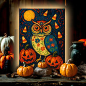 Whimsical Halloween Owl Folk Art Candy Corn Night カード