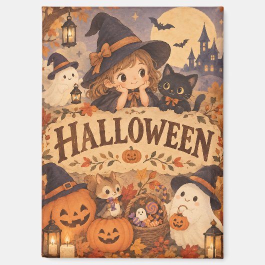 Whimsical Halloween Witch & Friends Magnet マグネット (正面)