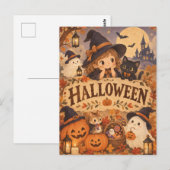 Whimsical Halloween Witch & Friends Post Card ポストカード (正面/裏面)