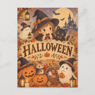 Whimsical Halloween Witch & Friends Post Card ポストカード