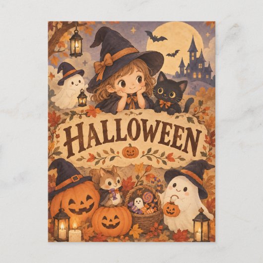 Whimsical Halloween Witch & Friends Post Card ポストカード (正面)