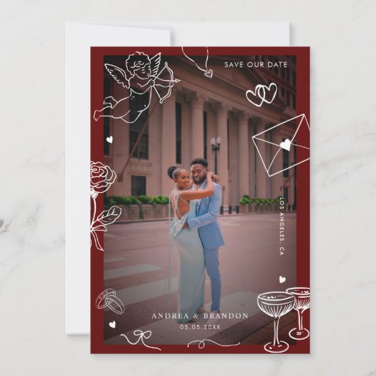 Whimsical Hand Drawn 2 Photo Fun Scribble Wedding セーブザデート (正面)