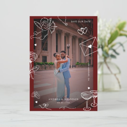 Whimsical Hand Drawn 2 Photo Fun Scribble Wedding セーブザデート (スタンド正面)