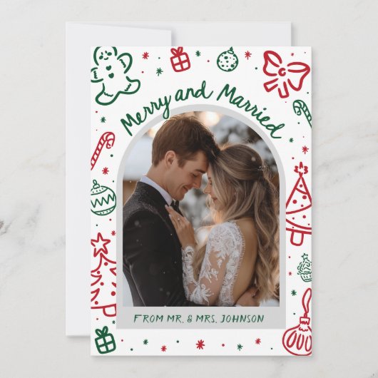 Whimsical Hand Drawn Arch Photo Married and Merry シーズンカード (正面)