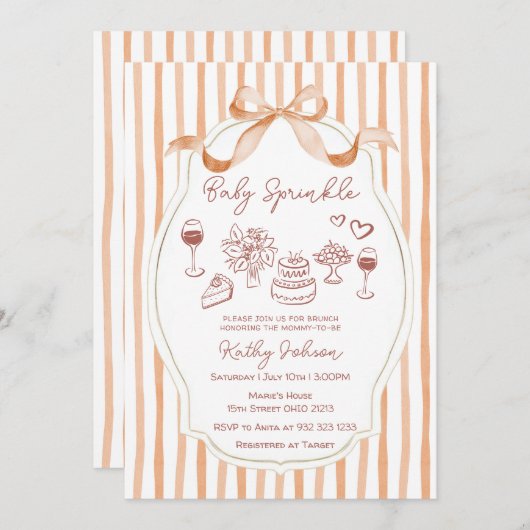 Whimsical Hand Drawn Baby Sprinkle Bow Ribbon 招待状 (正面/裏面)