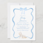 Whimsical Hand Drawn Blue Bow Boy Baby Shower 招待状 (正面)