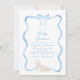 Whimsical Hand Drawn Blue Bow Boy Baby Shower 招待状
