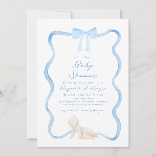 Whimsical Hand Drawn Blue Bow Boy Baby Shower 招待状 (正面)