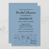Whimsical Hand Drawn Blue Bridal Shower 招待状 (正面/裏面)
