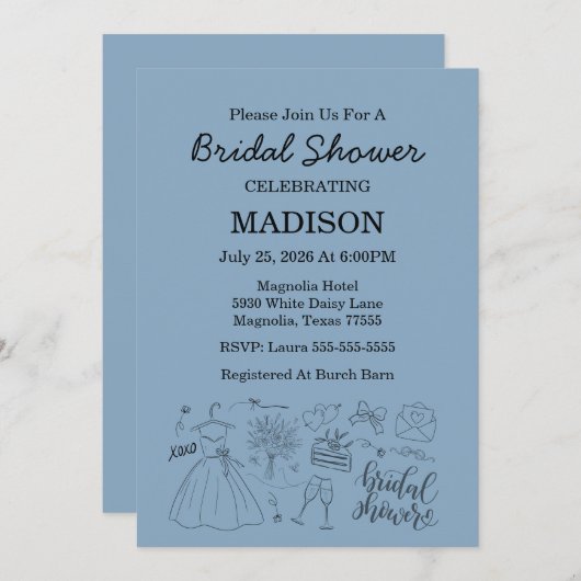 Whimsical Hand Drawn Blue Bridal Shower 招待状 (正面/裏面)