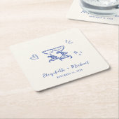 Whimsical Hand Drawn Blue Cream Wedding スクエアペーパーコースター (アングル)