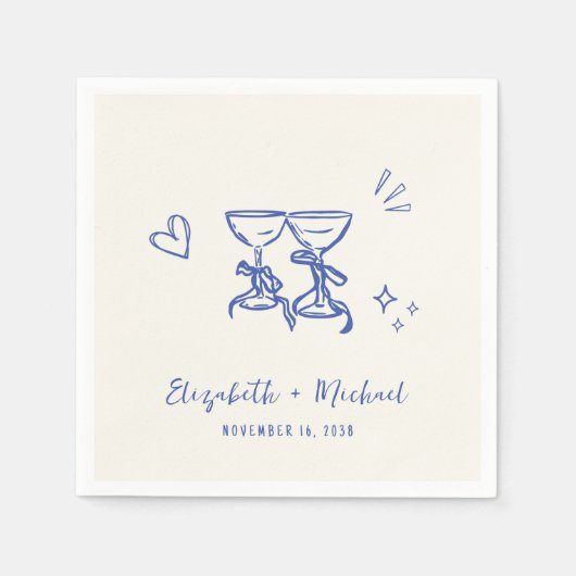Whimsical Hand Drawn Blue Cream Wedding スタンダードカクテルナプキン (正面)