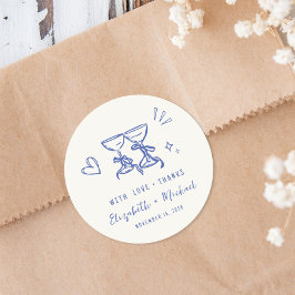 Whimsical Hand Drawn Blue Cream Wedding Thank You ラウンドシール