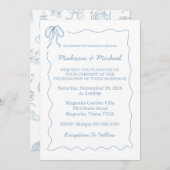 Whimsical Hand Drawn Blue Illustrated Wedding 招待状 (正面/裏面)