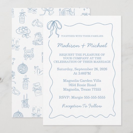 Whimsical Hand Drawn Blue Illustrated Wedding 招待状 (正面/裏面)