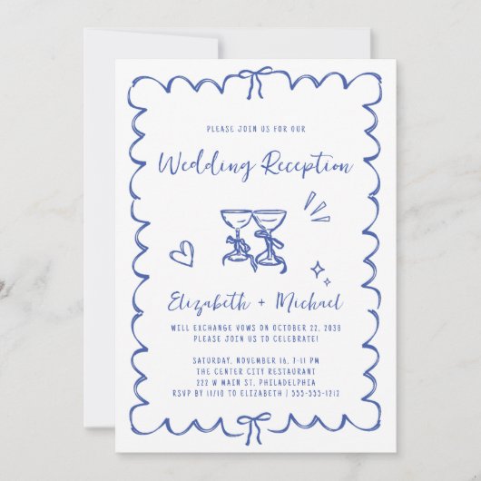 Whimsical Hand Drawn Blue Photo Wedding Reception 招待状 (正面)