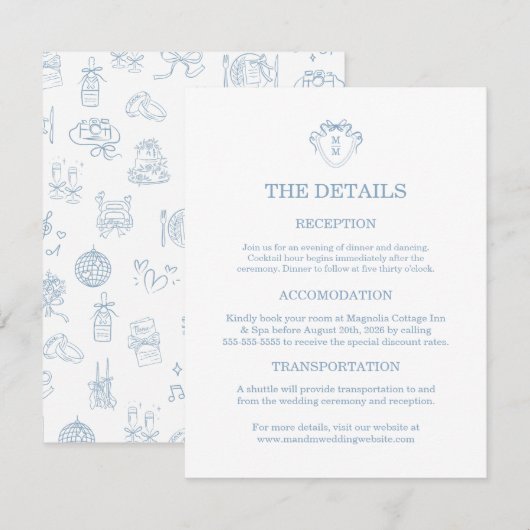 Whimsical Hand Drawn Blue Wedding Detail Cards 出欠カード (正面/裏面)