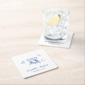 Whimsical Hand Drawn Blue Wine Glasses Wedding スクエアペーパーコースター (インサイチュ)