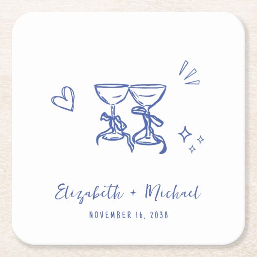 Whimsical Hand Drawn Blue Wine Glasses Wedding スクエアペーパーコースター (正面)
