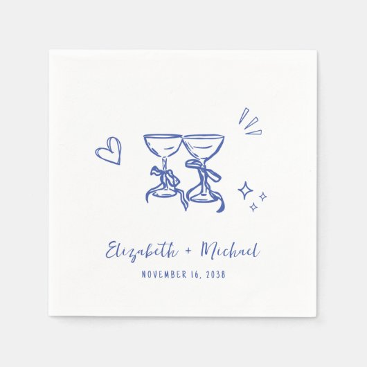 Whimsical Hand Drawn Blue Wine Glasses Wedding スタンダードカクテルナプキン (正面)