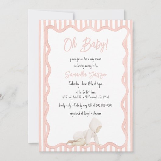 Whimsical Hand Drawn Blush Pink Girl Baby Shower 招待状 (正面)
