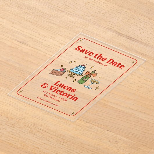 Whimsical Hand Drawn Bold Red Save the Date アクリル招待状 (レイダウン)