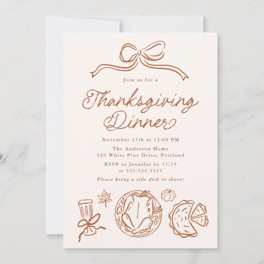 Whimsical Hand-Drawn Bow and Doodles Thanksgiving 招待状 (正面)