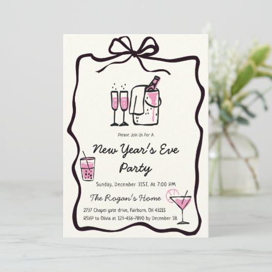 Whimsical Hand Drawn Bow Frame New Year Eve Party 招待状 (スタンド正面)