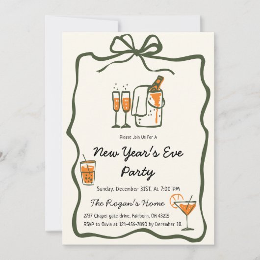 Whimsical Hand Drawn Bow Frame New Year Eve Party 招待状 (正面)
