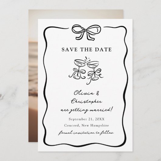 Whimsical Hand Drawn Bow Frame Save the Date 招待状 (正面/裏面)
