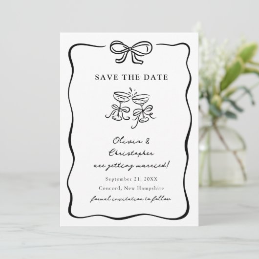 Whimsical Hand Drawn Bow Frame Save the Date 招待状 (スタンド正面)