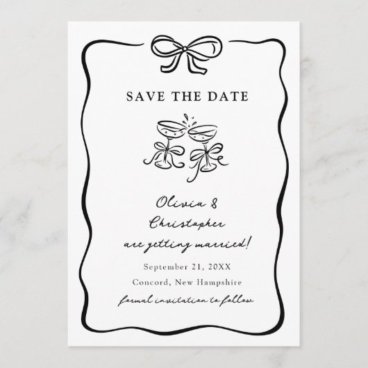 Whimsical Hand Drawn Bow Frame Save the Date 招待状 (正面)