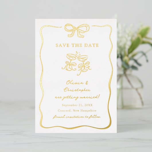 Whimsical Hand Drawn Bow Frame Save the Date 箔招待状 (立ち正面)