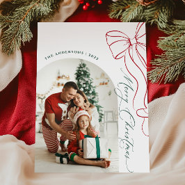 Whimsical Hand Drawn Bow Red Christmas Photo Card シーズンカード