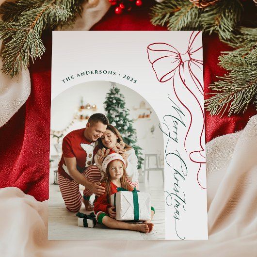 Whimsical Hand Drawn Bow Red Christmas Photo Card シーズンカード