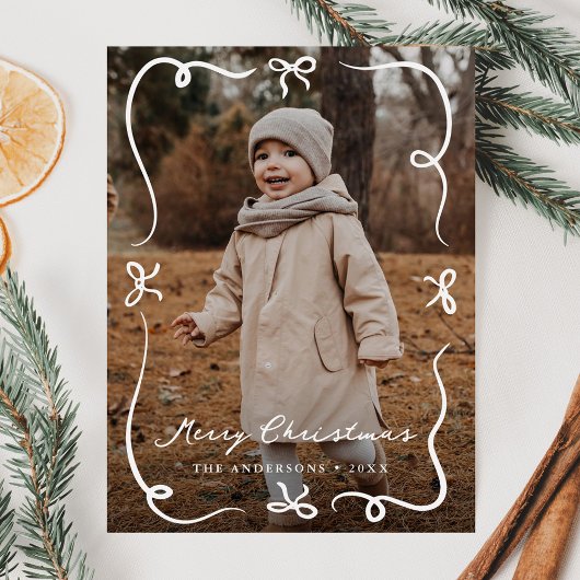 Whimsical Hand-Drawn Bows Merry Christmas Photo シーズンポストカード