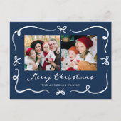 Whimsical Hand-Drawn Bows Navy 2 Photo Christmas シーズンポストカード (正面)