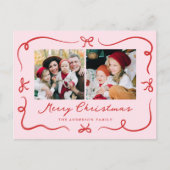 Whimsical Hand-Drawn Bows Pink 2 Photo Christmas シーズンポストカード (正面)
