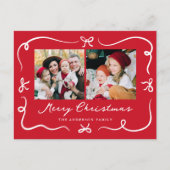 Whimsical Hand-Drawn Bows Red 2 Photo Christmas シーズンポストカード (正面)