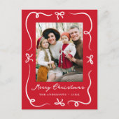 Whimsical Hand-Drawn Bows Red Photo Christmas シーズンポストカード (正面)
