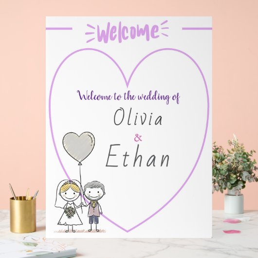 Whimsical Hand-Drawn Cartoon Couple Wedding  アクリルサイン (ウェディング)