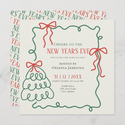 Whimsical Hand Drawn Champagne New Years Eve Party 招待状 (正面/裏面)