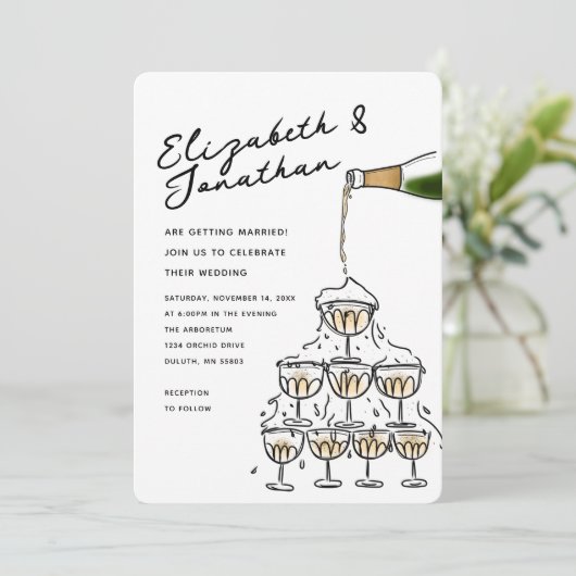 Whimsical Hand Drawn Champagne Tower Wedding 招待状 (スタンド正面)